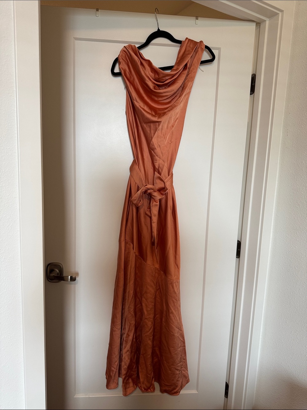 Significant Other Dress Maxi Erika Peach Orange Satin Shoulder Drape 6 - Picture 5 of 10